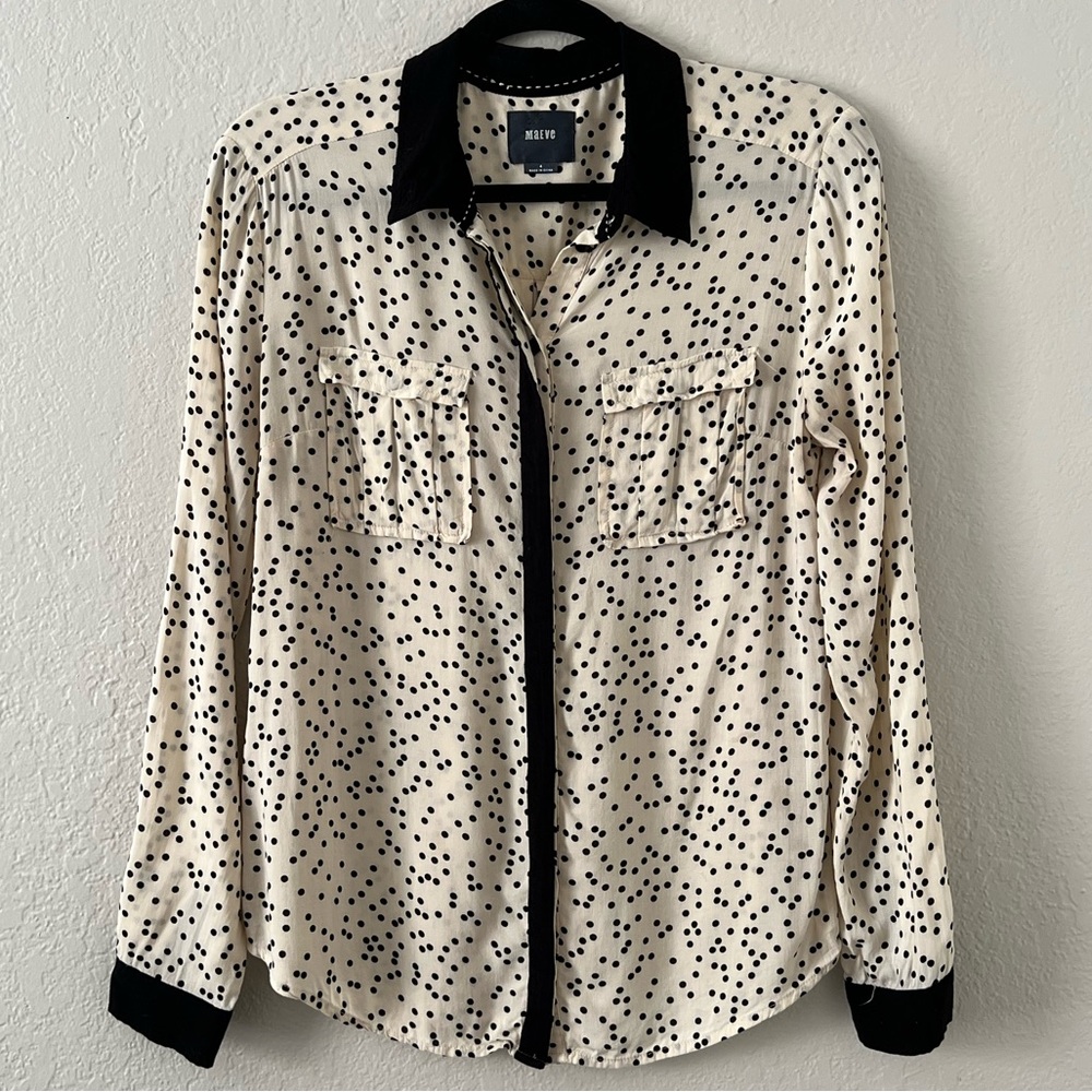 MAEVE Contrast Collar Button Down Polka Dot Top